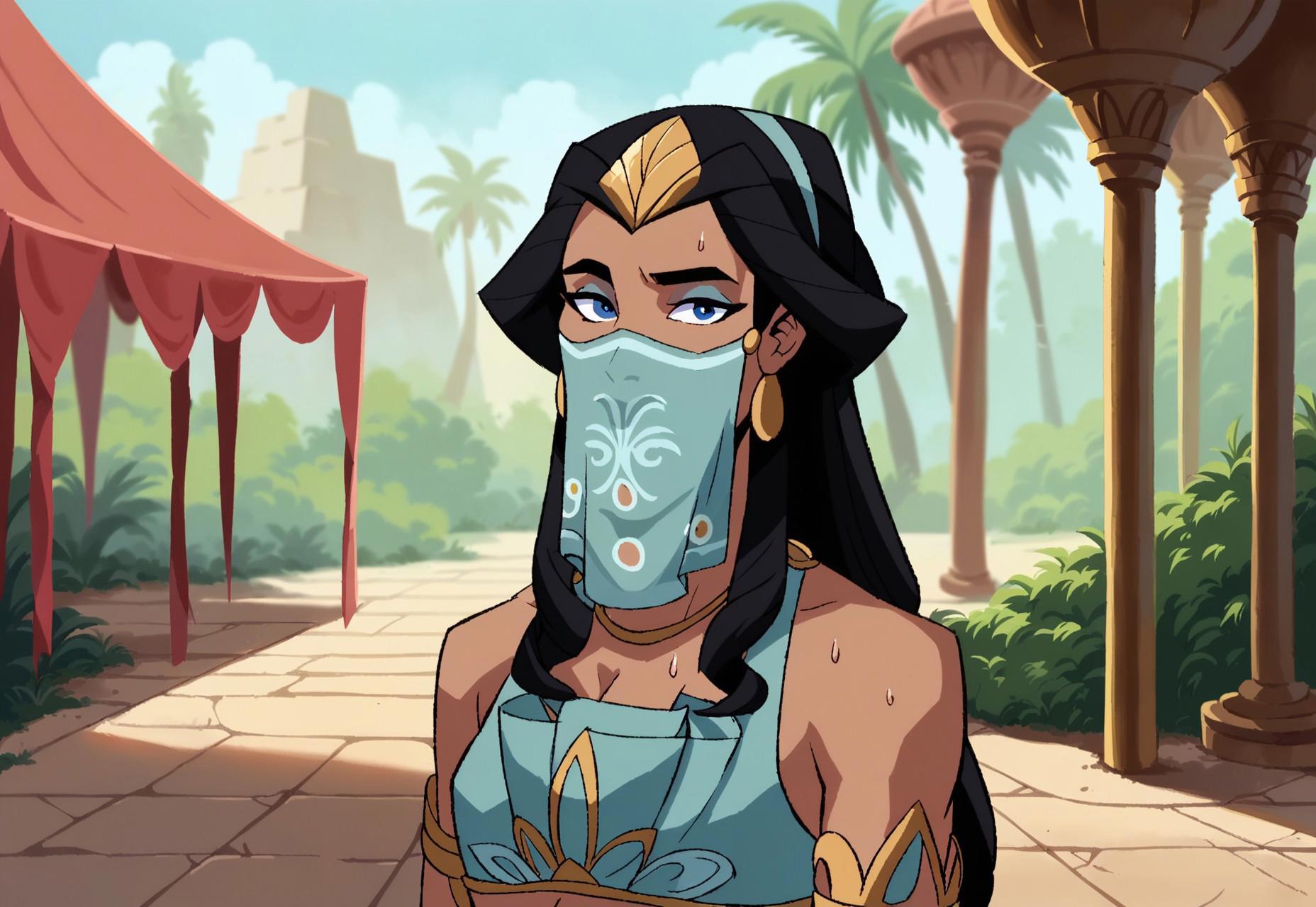 safe_pos, safe_pos, score_9_up, score_8_up, score_7_up, Antiope, solo, 1woman, long hair, black hair, blue eyes, makeup, lipstick, gerudo set, mouth veil, bracers, navel, looking at viewer, best quality, defined, outdoors, tropical island, market, palm trees, stalls, street, street market, best quality, sweat, happy, visible mouth, cleavage