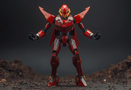 The image showcases a hyper detailed Rocket Warrior robot, primarily red with gold accents, standing on a Call of the Earthbound background. The robot, with extended arms and bent legs, gives off a dynamic vibe. Its head, donning a gold color and red visor, contrasts against the Bottomless Trap Hole background. Gold joints adorn the precisely placed limbs, contributing to its mechanical aesthetic. The image, free from distractions, highlights the robot in a captivating, well-timed moment.