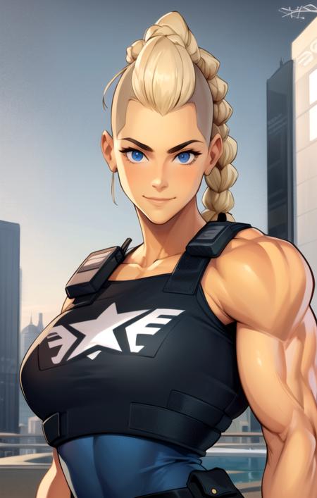 masterpiece, best quality, 1girl, solo, mature female, detailed face, braid, policewoman, gloves, looking at viewer, smile, muscular female, ((cartoon)), ((realistic))