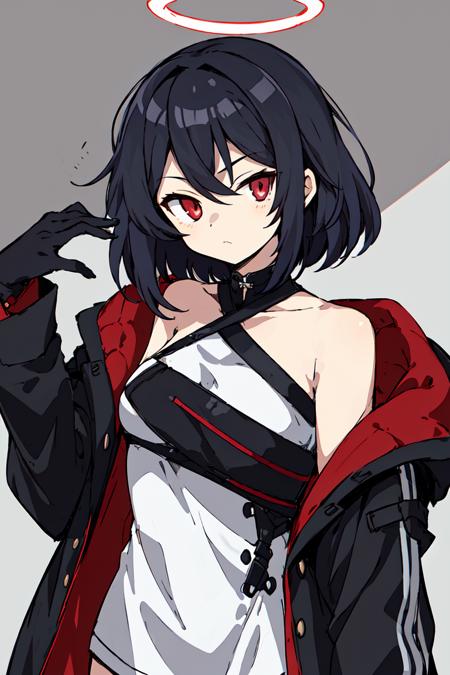 <lora:tori:0.8>off_shoulder,jacket,1girl,jirai kei,solo,red eyes,cold attitude,mechanical halo,best quality, {{masterpiece}}, illustration,{{official art}},{{beautiful detailed eyes}},half gloves,black mask,black hair,looking at viewer,