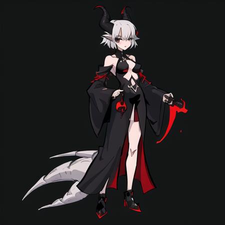 evil character, masterpiece, best quality, 1girl, black dress, slip-on, white hair, black eyes, standing, dragon horns, small horns, (20 years old), adult, short hair, long dress, big boobs