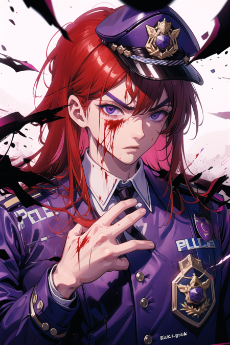 The_Man_Behind_The_Slaughter purple outfit police officer hat British , Conqueror's_Haki Red Lightning Black Lightning eye effects, angry, upper body, stare