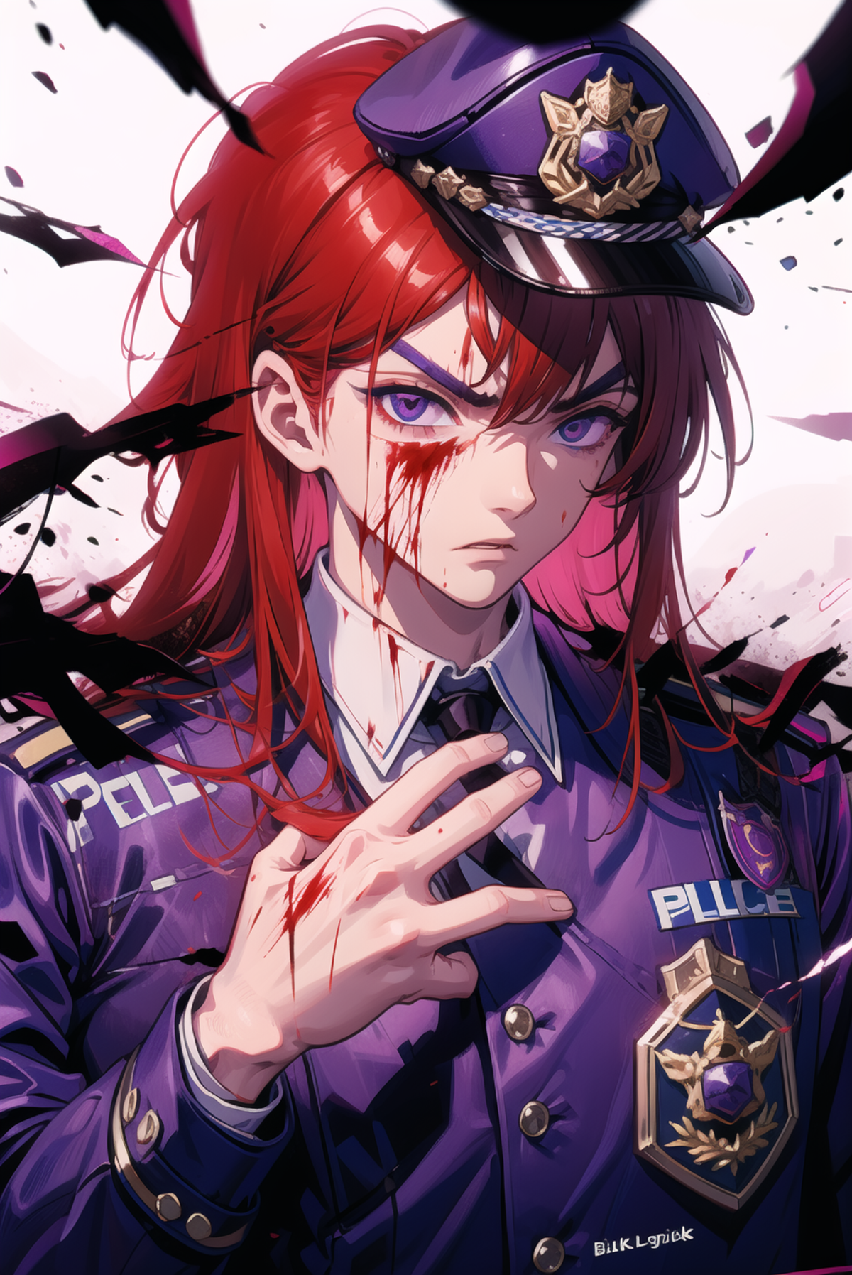 The_Man_Behind_The_Slaughter purple outfit police officer hat British , Conqueror's_Haki Red Lightning Black Lightning eye...
