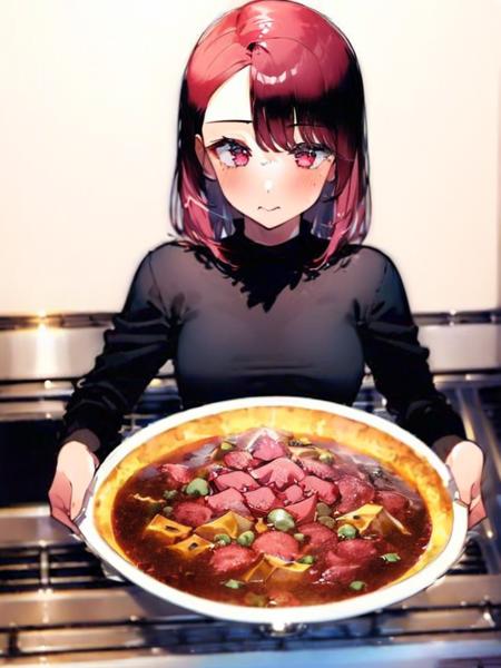 (((((1girl))))), red hair,small breasts, pink eyes, blue apron,black shirt, holding plate, Japanese mapo tofu, female focus, upper body,kitchen, 2d, <lora:Japanese mapo tofu:1>, masterpiece, best quality,