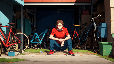 emotional illustration of a defeated, broken man at his bicycle, his face splayed with suffering as he looks at his (broken bicycle), background filled with bicycles, in the garage