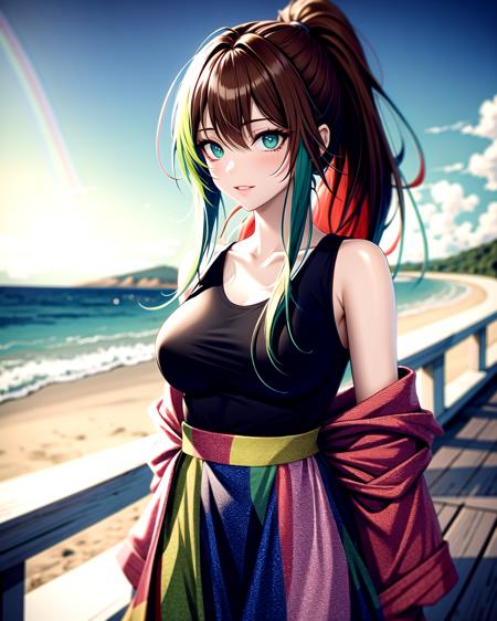 ((masterpiece), best quality, high quality, professional quality , highly detailed, highres, perfect lighting, natural lighting),, (1girl, beautiful, medium breasts, (multicolored hair, green hair,red hair,brown hair, long hair, high ponytail), perfecteyes eyes), (wearing rainbow print, extremelyBeautiful_beautifulclotheswild/Extremely beautiful clothes), on the beach, walking the boardwalk, <lyco:locon_perfecteyes_v1_from_v1_64_32:0.6>