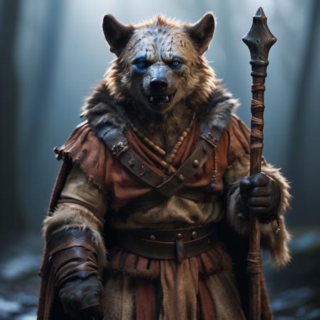 highly detailed documentary photo of gnoll:1.3,

solo,  male focus, teeth, pelt, fur cloak, gauntlets, holding staff, blue eyes, 

masterpiece, best quality:1.1, 

ultra photoreal, photorealistic:1.0, sharp focus:1.1, 
depth of field:1.1, 

50mm, style of Nathan Wirth, Hasselblad X1D II, Porta 160,
