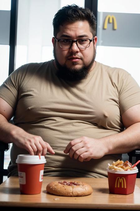 a fat american reddit user man is sitting at a table at mcdonalds and a massive and greasy hamburger on a food tray, sweat stained t-shirt, neckbeard, sweat, ketchup on t-shirt, heavy breathing, glasses, 8k, masterpiece, highly detailed photo, realistic, absurdres, highly detailed skin, photorealistic, highres,