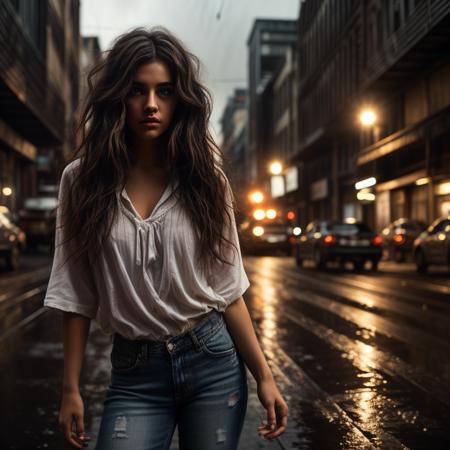 A cinematic up close photo capturing a young woman with expressive brown eyes and messy brunette hair, in the middle of a dramatic scene. She wears a casual t-shirt and distressed jeans. The background unfolds a rainy city street, immersing the viewer in the narrative. The epic character composition, combined with sharp focus and natural lighting, brings the captivating image to life. The subsurface scattering effect adds a touch of ethereal glow, while the f2 aperture and 35mm lens create a perfect balance of depth and detail.
 <lora:CineStyle5:0.7> 111cine8matic55