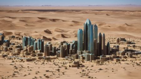 glass fronted sky scraper in the desert surrounded by sand hills, top view, camels, palm trees, oasis 
