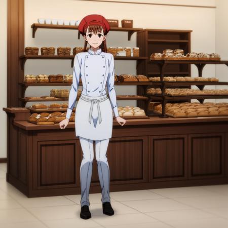 masterpiece,high quality,bakery shop,
<lora:bakeryclerk001:0.7>,smile,
bakeryclerk,1girl,
red headwear,
chef,uniform,double-breasted,white shirt,sleeves rolled up,
waist apron,
white pants,
shoes,