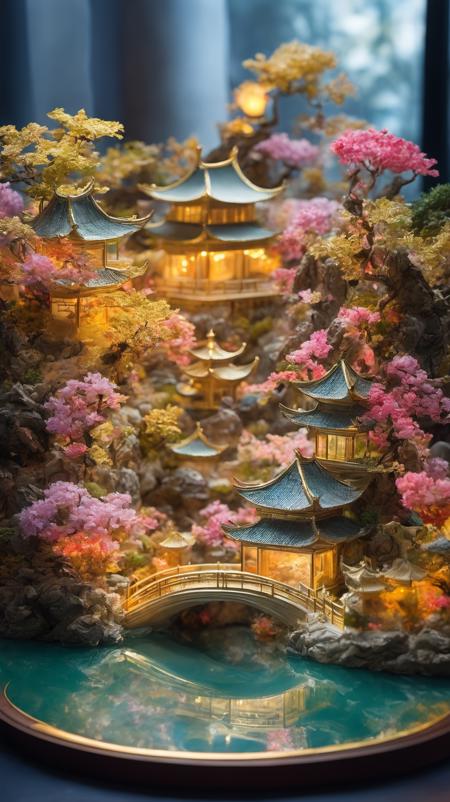 diorama, Chinese garden made of gold, whimsical and fantastical, floating islands in the sky, mythical creatures, rainbow-colored flora, waterfalls flowing upwards, dreamlike ambiance, magical lighting effects 


