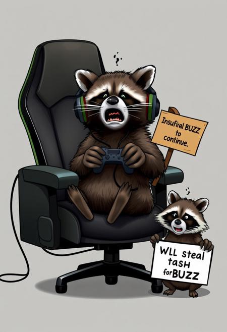 Gamer Raccoon in Despair – A raccoon in a gaming chair with headphones throws his controller in frustration. His screen says, "Insufficient BUZZ to continue." He slams his paws on the desk, while his raccoon friend holds a sign: "Will steal trash for BUZZ."