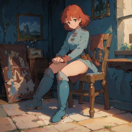 (masterpiece:1.4), (best qualit:1.4), (high resolution:1.4), 1girl, redhead, brown eyes, smile, Nausicaa, sit on a chair, no panties, high boot, colorful, full body,<lora:Nausicaa V0.5:0.8>, ghibli style