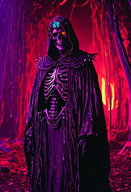 terrifying lich, skeletal, glowing eyes, drab cloth robe
in the style of the decaying empire of Wrstreich, dark magic and grotesque creatures abound, inspired by Sean Aaberg's punk aesthetic, dark fantasy world combines grim landscapes with vibrant, exaggerated neon colorful art, old 80's VHS dark fantasy, VHS screen grab, grainy, old footage