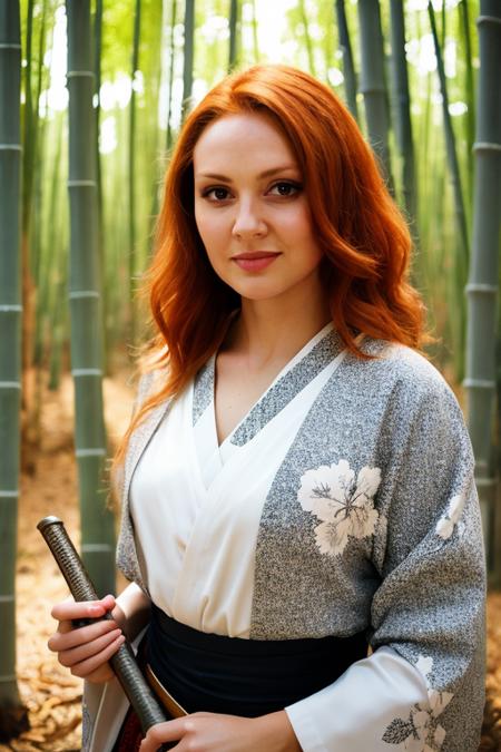 portrait photo, natural woman,high quality photo, perfect details and textures, highly detailed front view, perfect lighting, perfect composition, perfect lighting,<lora:xxcriscas-07:1> redhead xxcriscas with a kimono and a samurai katana in the bamboo forest