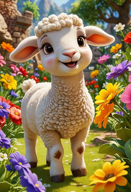 Disney Classic cute cartoon character, lamb enjoying springtime flowers, (((masterpiece))),(best quality) . Animation, fairy tales, musical numbers, expressive characters, bright colors, detailed, professional