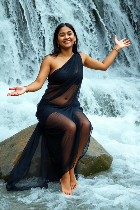 A young woman seated on a rock amidst a cascading waterfall. She is draped in a short black, translucent Blouseless One Shoulder Free saree that clings to her body, revealing her form. The water around her is frothy and turbulent, with droplets splashing around. She has a joyful expression on her face, with her arms outstretched, as if embracing the nature around her. The backdrop is dominated by the powerful force of the waterfall, creating a sense of movement and dynamism. her beautiful barefoot is wet.