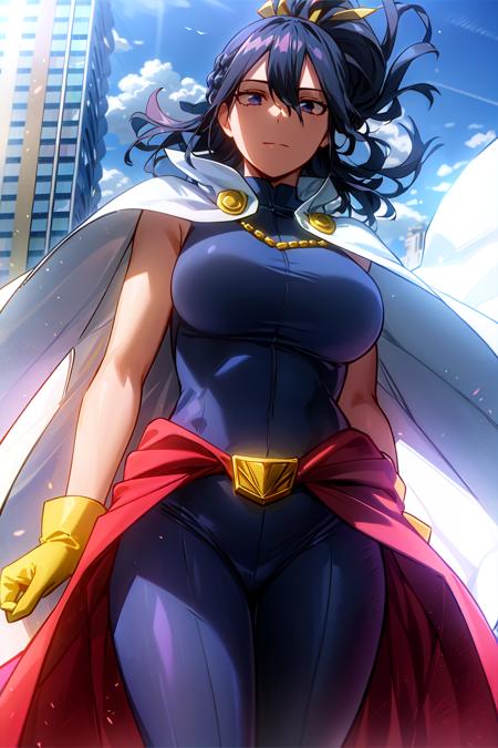 (masterpiece, best quality:1.4), cinematic light, colorful, high contrast, (1girl), NanaShimura, boku no hero academia,  <lora:NanaShimuraMHA-v1-1:1>, yellow gloves, black hair, cape, white cape, large breasts, blue eyes, sleeveless, bodysuit, hair between eyes, belt, city, day, sky