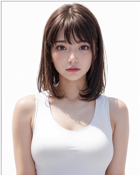 best quality, photorealistic, 8k, high res, 1girl, woman, (skindentation), (portrait:0.6), gorgeous, ((whitebackground, sport tanktop, small breast:1.65)), (short brown-blond hair, parted bangs:1.4), looking at viewer,  (1girl eyes looking at viewer:1.6), photorealistic, (bokeh), (closed mouth, smile:1.3), gorgeous, pureerosface_v1:1, <lora:grav-kana:0.41>