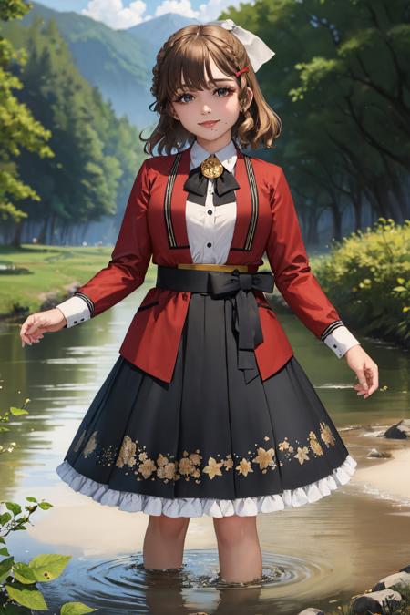 kcasahi, mole, braid, hair bow red jacket, long sleeves, shirt, ribbon, skirt