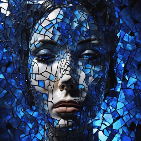 An abstract representation of a woman's face, her skin is made of Made_of_pieces_broken_glass, transparent, glowing dark blue from the inside, breaking through a wall of glass, background is darkness, (dimly lit:1.2), focusing on her vivid eyes