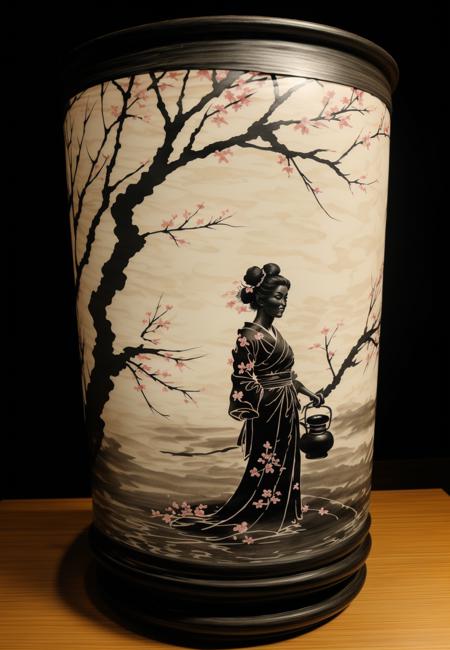 double exposure geisha silhouette on black clay vase, wabi-sabi, high contrast, earthy tones, ink and watercolor, cherry blossom, tea set, black wood, dark background , <lora:tbh273-:1>