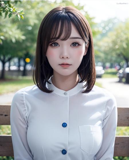 pureerosface_v1:0.3, best quality, photorealistic, 8k, high res, full color, 1girl, woman, 20 years old woman, (closed mouth:1.73), (skindentation), (portrait:0.6), trees, park bench, daylight, ((park background:1.52)), full color, ((buttonedwhiteshirt:1.58)), looking at viewer:1.8, (1girl eyes looking at viewer:1.55), (short hair, brownhair, sweptpartedbangs:1.45), (bokeh), <lora:AAV-miru:0.69>