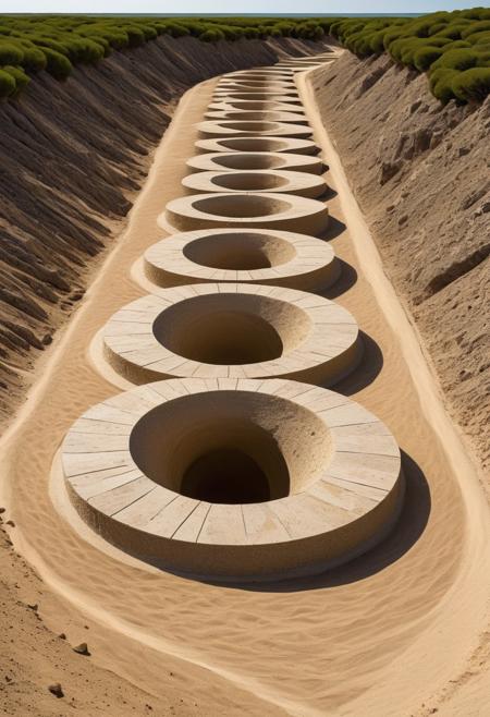 (masterpiece, best quality), abstract lamp design,
monumental land art, natural decay and transformation, passage of time, raw materials, rocks sand soil, large geometric forms, spiral shapes, landscape integration, simplicity and vastness, entropy and human impact, nature’s cyclical changes, site-specific installations