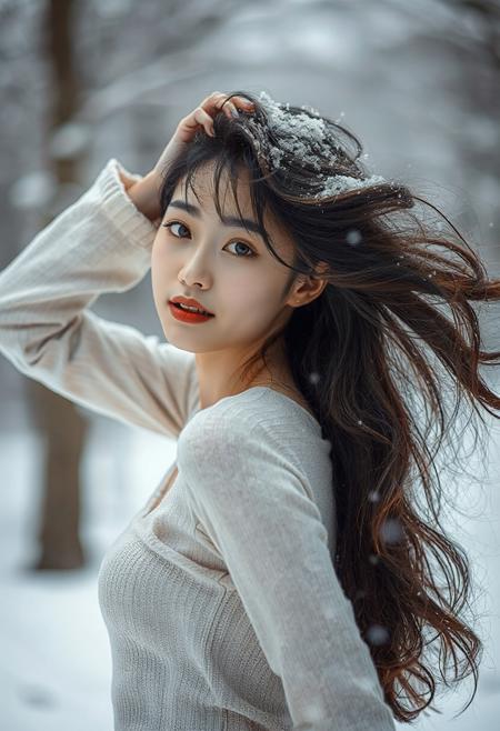 DLSR photograph, slender, beautiful extremely sexy 26 year old korean model . Pale skin, 
lighting<lora:MoriiMee_Gothic_Niji_Style_FLUX:0.3500000000000001> <lora:AsirAsianPhotographyflux:0.7000000000000002>
 (score_9, score_8_up, score_7_up), white theme, masterwork, masterpiece, best quality, dynamic pose, dynamic angle, (realistic:1.4), (lineless:1.2), detailed, <lora:Detailer_NoobAI_Incrs_v1:0.75>, , aged up, adult, depth of field, blurry, cheekbones, dynamic lighting, high detail, 8k  girl, kawai girl,Expressiveh, good_hands, best quality,mature woman,              ,score_9_up, score_8_up, score_7_up, ,score_6_up,standing,elsa, posing with hands in hair, looking at viewer, pale milky skin, snowing, sultry smile