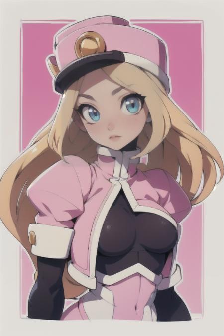 Prairie_MM,  shako cap,  blonde hair,  low-tied_long_hair,  sidelocks,  blue eyes,  long_coat,  puffy sleeves,  pink cropped jacket,  framed_breasts,  white gloves,  bodystocking,  Body suit,  skin_tight,  cowboy_shot,  black_legwear,  pink footwear,  stuffed cat, <lora:EMS-55621-EMS:0.700000>