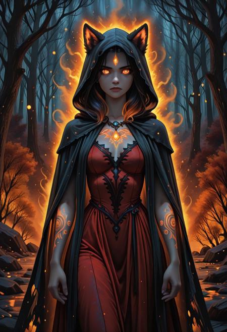 masterpiece, absurdres, 8k, HQ, 15546+456868, 
vivid and contrasting colors, digital painting, fantasy art, dark fairytale atmosphere, dramatic lighting, cinematic shadows, 1girl, 1wolf, anthropomorphic wolf, glowing orange eyes, tattered hooded cloak, detailed textured fur, fierce expression, stands protectively behind woman, dark misty forest, silhouetted trees, moody background, long black hair with red streaks, ornate red dress, jewelry, intricate beadwork, exposed arms, vivid tattoos, black ink designs, painterly finish, intense and mysterious mood