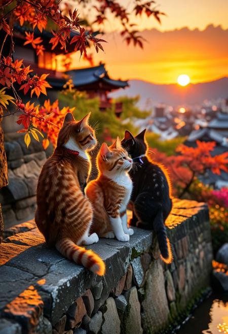 A captivating cinematic photograph showcases a heartwarming scene of two charming kittens, sitting together and admiring the awe-inspiring sunset in the ancient city of Kyoto, Japan. These cats are positioned on a stone wall, with the younger one tenderly placing its paw on the older one's shoulder, fostering a delightful connection. The sky, bathed in vibrant hues of orange, pink, and purple, mirrors the setting sun's brilliance. The nearby water captures these colors, while in the distance, the iconic pagodas and temples of Kyoto can be seen, adding to the enchanting ambiance of the photograph.