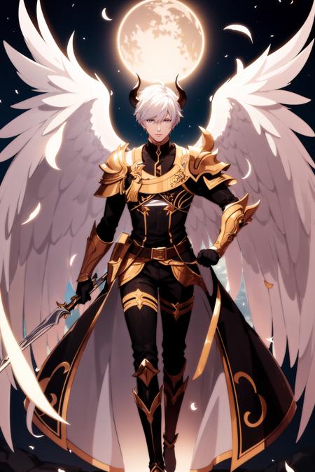 <lora:CREATED_ANIME_ShingekiNoBahamut_Lucifer_v01DanPend77_64dim:0.4>lucifer \(shingeki no bahamut\), 1boy, male focus, full body, white hair, horns, devil, demon, holy light, glowing outline, angel wings, feathered wings, hand on hip, looking down, looking at viewer, armor, pedestal, sunbeam, dappled sunlight, nature background, intricate, detailed, filigree, 64K, f1.2, 800mm, UHD, dynamic lighting