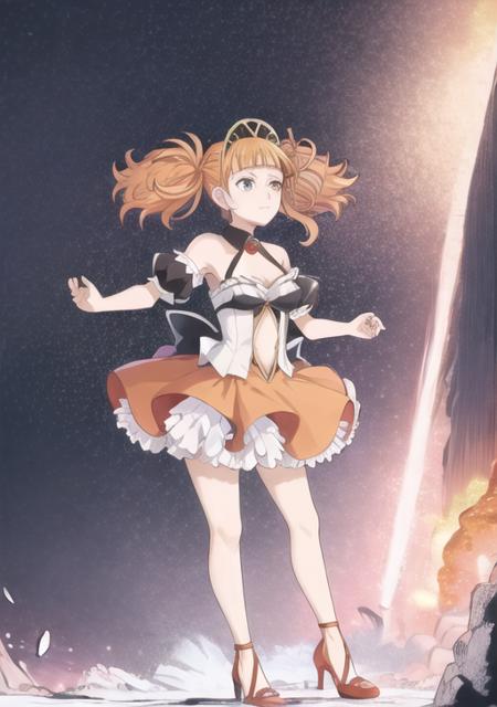 hlokk hlokk, 1girl, solo, dress, navel, bare shoulders, twintails, closed mouth, standing, full body,detached sleeves, puffy sleeves, blunt bangs, orange hair, high heels, clothing cutout, floating hair, blue dress, frown, 