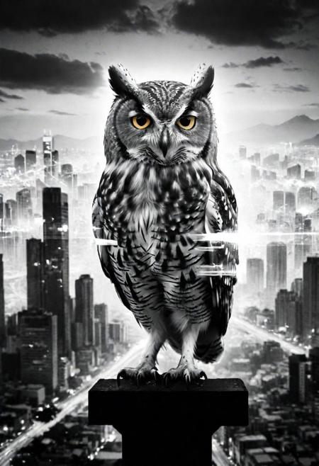 high quality, 8K Ultra HD, A beautiful double exposure that combines an owl silhouette with an anime metropolitan landscape, The big city should serve as the underlying backdrop, with its details incorporated into the owl, The background is monochrome, sharp focus, double exposure, by yukisakura, awesome full color,