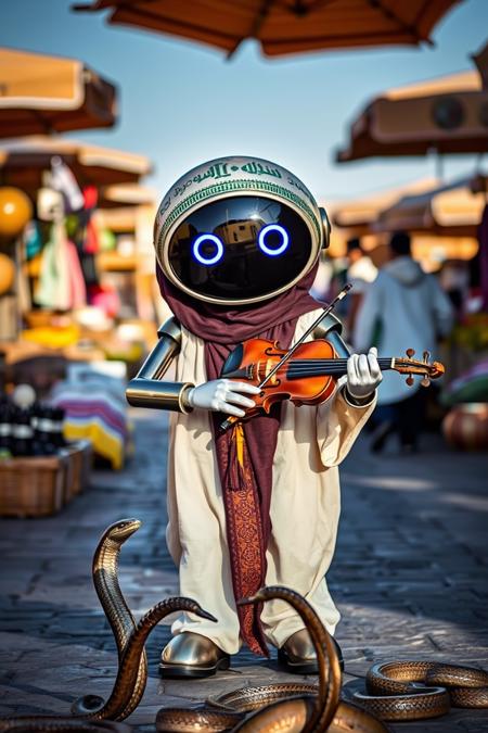realistic photo of a cute round robot dresses as Moroccan snake charmer, charming snakes with a violin, exotic market, hot weather, sunshine and shadows,