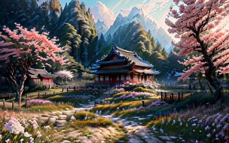 (best quality,ultra-detailed,realistic,RAW photo,8k uhd,ultra high res,photorealistic style,cinematic scenes, masterpiece,dramatic lighting,extremely detailed CG unity wallpaper) ,empty scene,a chinese temple surrounded by flowers in spring,<lora:ChineseStyleAncientlandscape_v1_150:1>