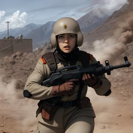 photorealistic, cinematic, <lora:eff soldier aam:0.8>, eff soldier, uniform, woman, helmet, war, running