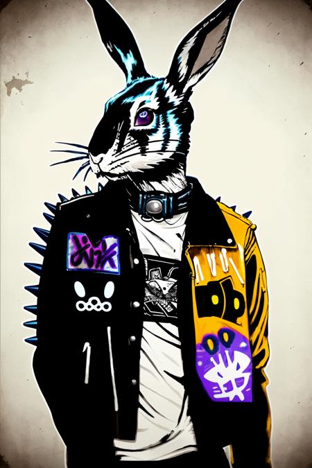 A punk-inspired rabbit with a spiked collar and torn leather jacket, rides a skateboard down a ramp covered in graffiti, embodying the thrill-seeking spirit of urban punk culture:1.5, punk-inspired rabbit:1.2, spiked collar:1.2, torn leather jacket:1.1, rides skateboard:1.1, ramp covered in graffiti:1.1, thrill-seeking spirit:1.1, urban punk culture:1.1. , anipunks