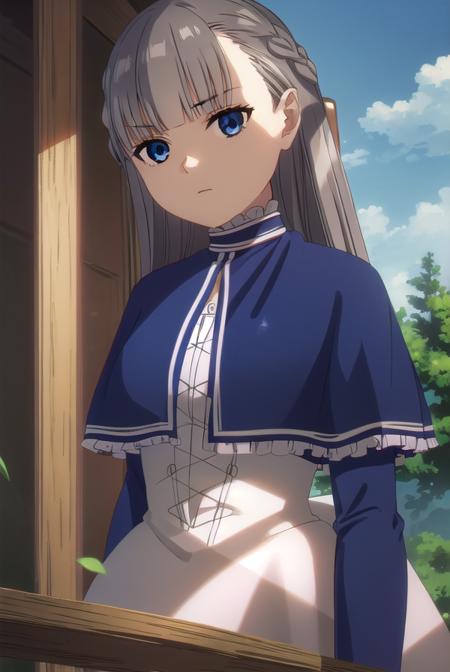 lawine, <lora:lawine-alpha-lora-nochekaiser:1>,
lawine, long hair, bangs, blue eyes, brown hair, braid, low-tied long hair,
BREAK long sleeves, dress, frills, capelet, blue dress, blue capelet,
BREAK outdoors, forest, nature, grass, sky, sun, clouds,
BREAK looking at viewer, (cowboy shot:1.5),
BREAK <lyco:GoodHands-beta2:1>, (masterpiece:1.2), best quality, high resolution, unity 8k wallpaper, (illustration:0.8), (beautiful detailed eyes:1.6), extremely detailed face, perfect lighting, extremely detailed CG, (perfect hands, perfect anatomy),