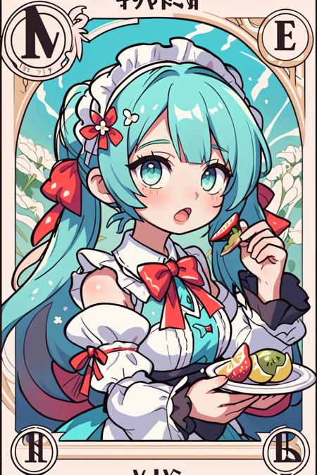 Hatsune Miku,  tarot card style,  hair ribbon,  bowtie,  holding food,  bare shoulders,  fruit,  red bowtie,  frilled hairband,  very long hair,  maid headdress,  holding,  :o,  twintails,  bow,  frilled sleeves,  puffy sleeves,  food,  strawberry,  detached sleeves,  bangs,  hair flower,  hair ornament,  open mouth,  red bow,  white sleeves,  looking at viewer,  flower,  red ribbon,  aqua hair,  upper body,  dress,  solo,  frills,  long hair,  sleeveless,  white flower,  white dress,  holding fruit,  1girl,  aqua eyes,  ribbon,  in the style of Alphonse Mucha,  Art Nouveau, <lora:EMS-49343-EMS:0.600000>