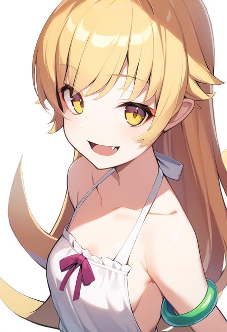 1girl, oshino shinobu, arms behind back, backless dress, backless outfit, bare arms, bare shoulders, blonde hair, collarbone, dress, fang, green bracelet, halterneck, long hair, looking at viewer, open mouth, sleeveless, sleeveless dress, smile, solo, tsurime, upper body, white dress, yellow eyes, <lora:Char - Oshino Shinobu - v1 - Bionagato>