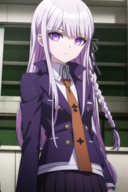 kyokokirigiri, <lora:kyouko kirigiri s1-lora-nochekaiser:1>,
kyouko kirigiri, long hair, bangs, ribbon, (purple eyes:1.1), hair ribbon, purple hair, braid, single braid, side braid,
BREAK skirt, shirt, gloves, long sleeves, jacket, white shirt, pleated skirt, open clothes, necktie, collared shirt, black skirt, open jacket, black jacket, black ribbon, brown necktie,
BREAK outdoors, classroom,
BREAK looking at viewer, (cowboy shot:1.5),
BREAK <lyco:GoodHands-beta2:1>, (masterpiece:1.2), best quality, high resolution, unity 8k wallpaper, (illustration:0.8), (beautiful detailed eyes:1.6), extremely detailed face, perfect lighting, extremely detailed CG, (perfect hands, perfect anatomy),