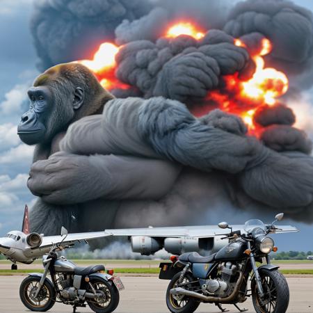 gorilla, explosion in background, airplane, motorcycle,