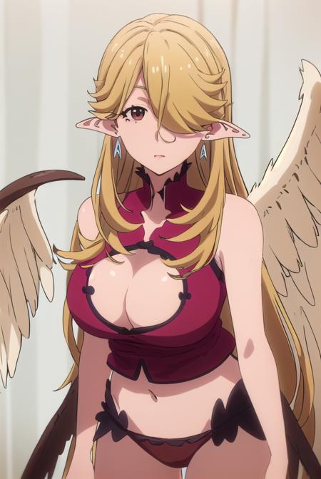 misalie, long hair, blonde hair, very long hair, pointy ears, (hair over one eye:1.5), mole, mole under eye, (brown eyes:1.5), cleavage, jewelry, underwear, panties, earrings, wings, clothing cutout, feathered wings, angel wings, white wings, red panties,