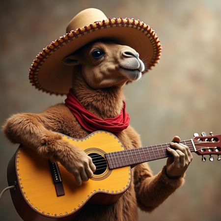 a camel wearing a sombrero is playing guitar