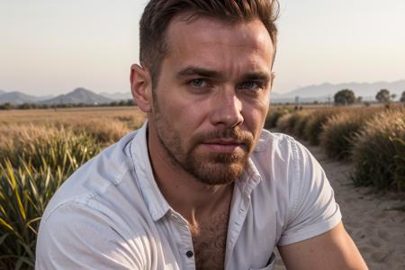 (closeup) photo of matthew_bosch contemplatively gazing towards the horizon where the sky meets the golden fields wearing (unbuttoned) crisp white shirt, rolled up sleeves, contemplative, hopeful, and forward-looking mood, <lora:matthew_bosch-07:0.75>, heartland beauty, rustic and serene, blurred background, the soft glow of dawn, strong, approachable, rich evocative background, optimistic and determined, hopeful