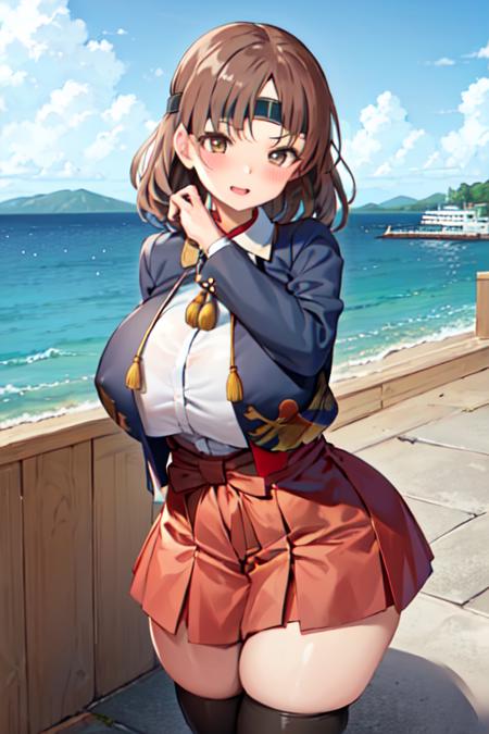 chiyodakc,   <lora:ChiyodaKCLora-07:0.9>,  1girl, solo, chiyodaKC, huge breasts, headband, grey blazer, bird pattern, white shirt, red hakama skirt, black thighhighs, ocean background, port, harbour,