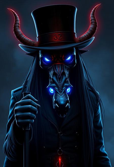 Four demon eyes, top hat, symmetrical demon horns coming out of hat from head, (long mask beak), detailed Plague doctor mask, Cyberpunk plague doctor, neon silhouette, super long DBZ style hair, extremely long hair, black_hair, neon lighting on eyes, four neon deep blue_eyes on hellhound, Bloodborne style, Dante devil May cry trench coat, full body, ray tracing, extreme detail on trench coat, holding out a walking cane with the head of a hellhound glowing, holding cane to the side,